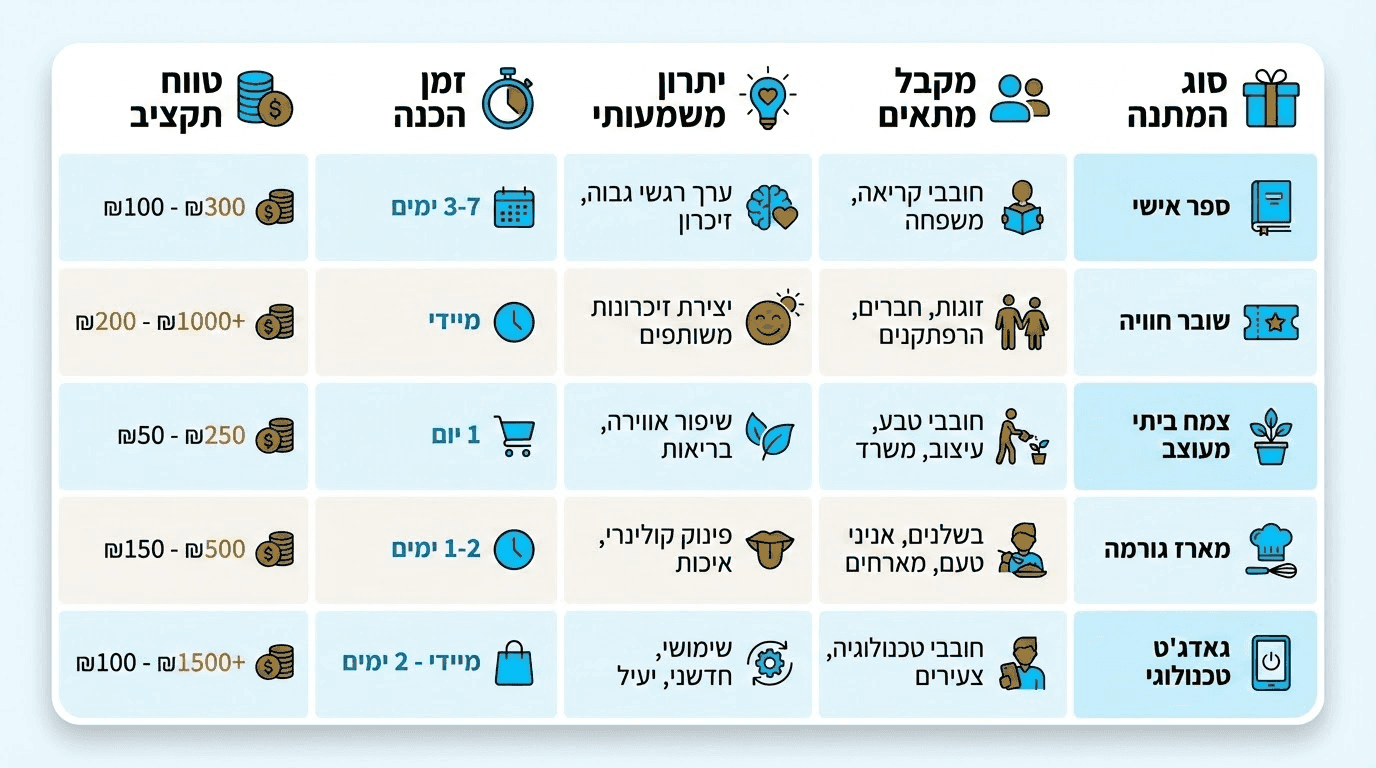 טבלת השוואה סוגי מתנות לאירועים עם משמעות