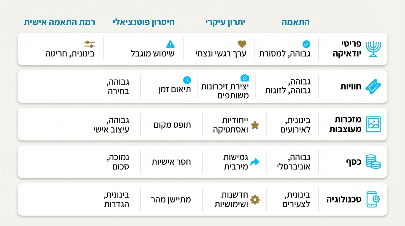 טבלת החלטה לבחירת מתנה לבר מצווה לפי סוג יתרונות וחסרונות