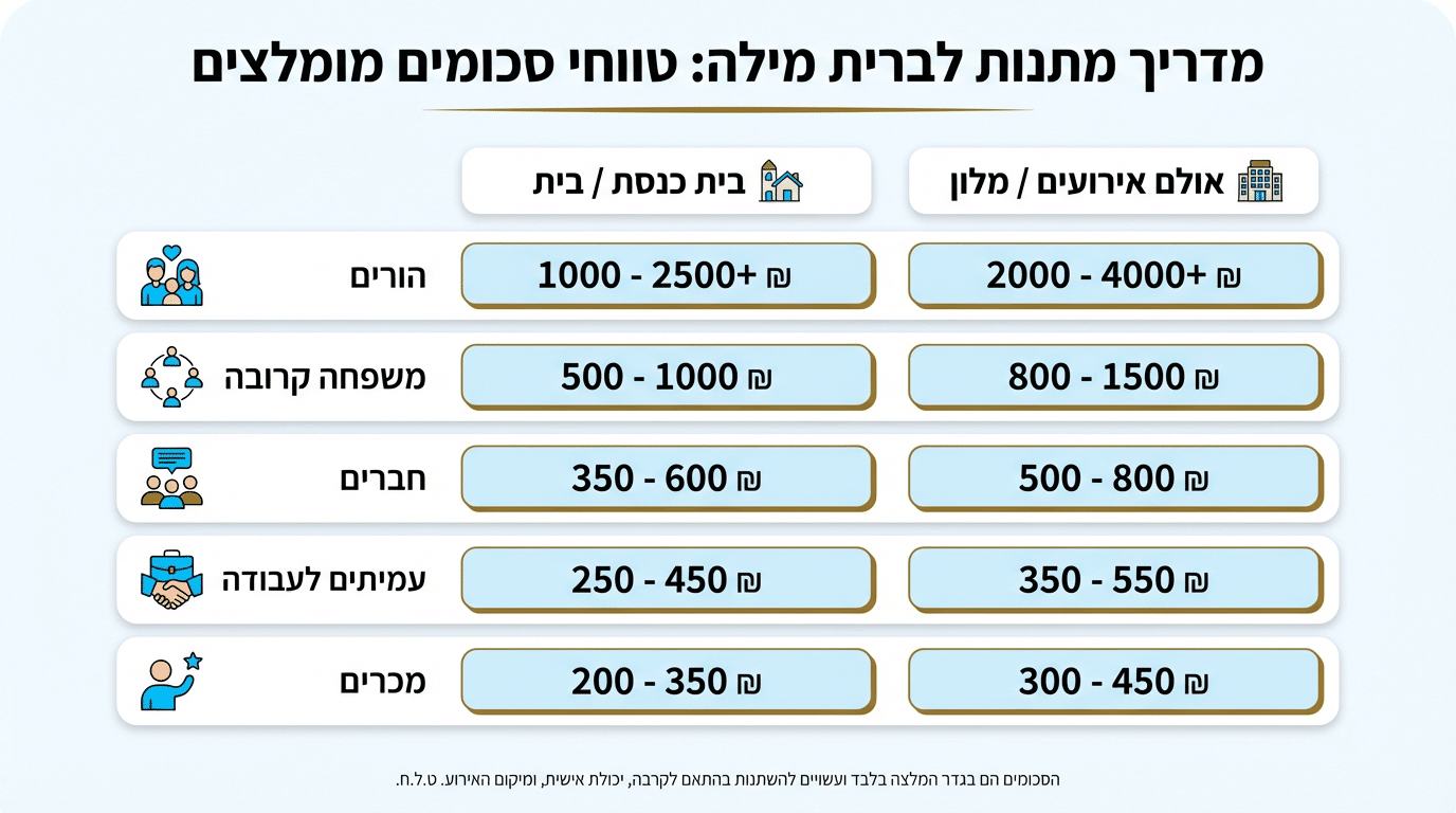 כמה כסף שמים לברית - טבלת טווחים לפי קרבה
